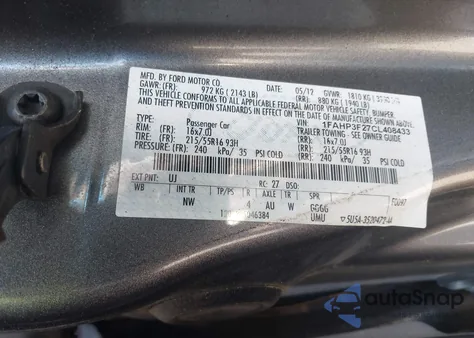 2012 Ford Focus Se z USA, uszkodzony, nr VIN 1FAHP3F27CL408433